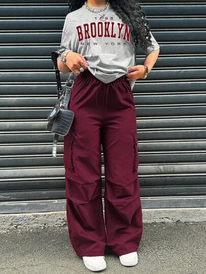 2pcs/Set Teen Girls Letter Print Short Sleeve T-Shirt And Solid Color Pants Wide Leg Pants Wide Leg Cargo Pants