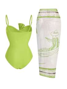 Swim Oasis 1 件女式扭纹肩带连体泳衣（含披肩和纱笼）