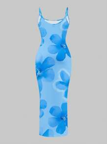 Slaydiva Plus Size Casual Summer Vacation Blue Floral Print Sleeveless Dress - Multicolor - View 2