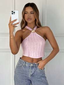 SHEIN EZwear ملابس علوية نسائي ضيق مزخرف بالتريكو بياقة حلقية باللون الوردي، قمصان صيفية للنساء - وردي - مشاهدة 5