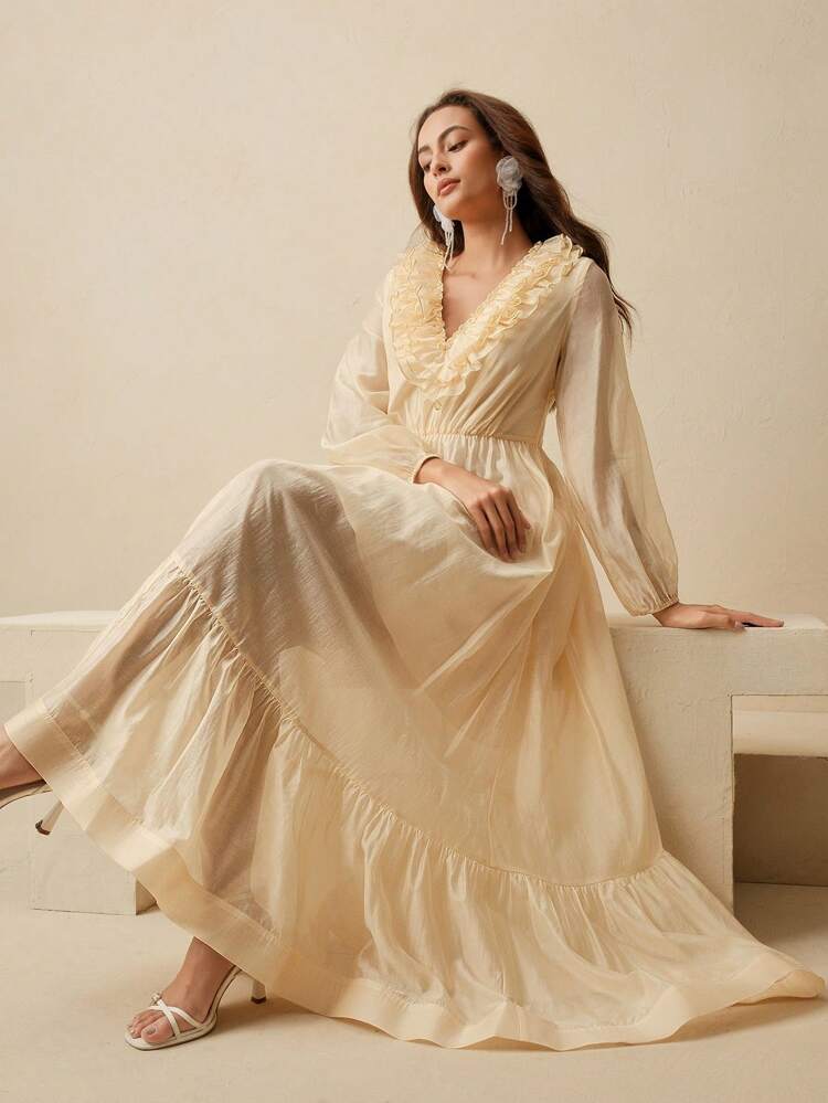 Women's V-Neck Ruffle Puff Sleeve Gathered A-Line Dress, Elegant Vacation Style, Spring/Summer