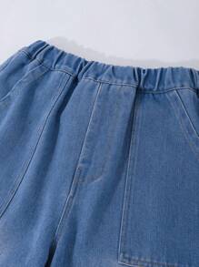 1pc Teen Girl Flare Hem Pocket Design Casual Trousers, Versatile & Cute - Light Wash - View 8