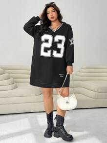 SHEIN EZwear Sweatshirt ample à manches longues, col en V, imprimé lettre, décontracté, grande taille