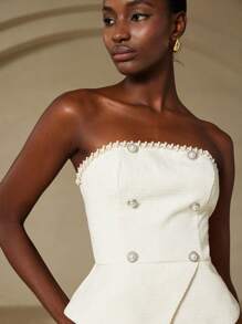 GENKIRA Women's Elegant Textured Bustier With Faux Pearl Buttons, Fitted - Beige - View 3