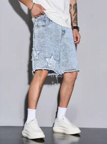 Manfinity Homme Quần short denim thường ngày họa tiết ngôi sao năm cánh dành cho nam, quần short jean xanh nhạt đơn giản mặc hàng ngày cho nam Quần short denim giặt axit cho nam - Màu xanh lam - Xem 5