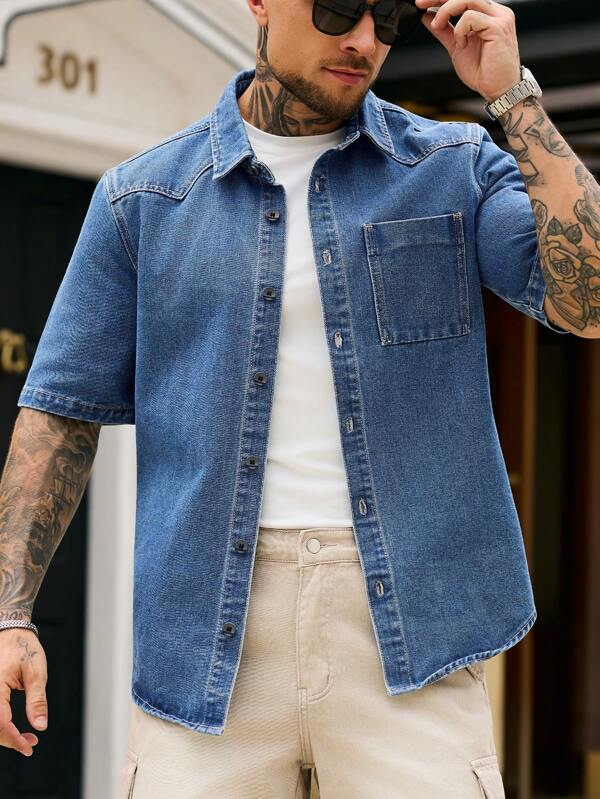 RivetRise Cămașă casual cu mânecă scurtă din denim spălat pentru bărbați