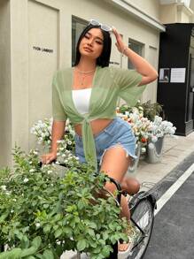 SHEIN EZwear 橄榄绿色透视大码女式短袖轻便夹克 - 橄欖綠 - 查看 6