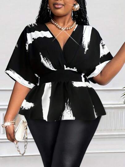 Maweii Women Plus Size Casual Black & White Floral Print Shirred Raglan Sleeve Back Ruche Design Blouse, Spring/Summer New Style, Versatile