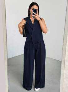 Auralis Plus Size Women's Spring And Summer Fashion Casual Comfortable Basic Daily Black Slim Vest Suit Top And Bare Leg Pants Two Pieces Set, Minimalist Style,Old Money Style,Office Wear,Pants Set,Business Casual Woman,Curve Suit,European Summer,Blazer Set,Teacher Outfits For Women In Fall/Winter - Navy Blue - View 4