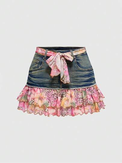 ROMWE Avant Gonna di jeans mini per donna con stampa a patchwork di leopardo e fiori, orlo con balze, stile vacanza vintage Y2K - include sciarpa e cintura