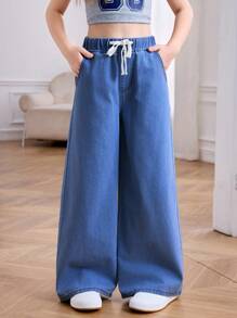 SHEIN Tween Girl Summer Light Washed Drawstring Waist Wide Leg Casual Jeans For Daily Wear, Summer Stretchy Waist Comfortable Wide Leg Pants, Summer Beach Boho Vacation Casual, Rave Concert Festival Fall Winter - Medium Wash - View 4