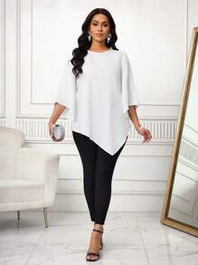 SHEIN Lady Damen einfarbige, metallic Rundhalstop mit 3/4 Ärmeln, lässiges asymmetrisches Blusenbund, elegante Bluse, Outfit Thermobluse für den Winter, Valentinstag, Silvester Party, Damenbekleidung, Langarm Kleid für Valentinstag, Silvester Party, Damenkleid, goldener Minirock, goldener Rock, Erntedankkleid, Silvesterkleid, Urlaubskleidung