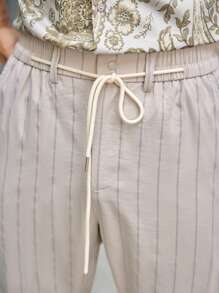 Mainfolk Men's Casual Woven Vertical Striped Mid-Waist Drawstring Straight Leg Pants - Khaki - View 4