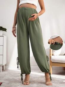 SHEIN 孕妇侧开衩休闲舒适哈伦裤 - 軍綠色 - 查看 1