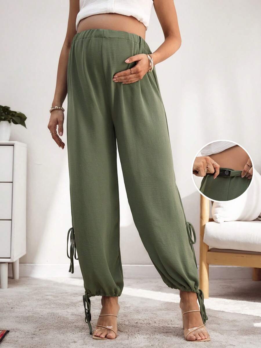 SHEIN 孕妇侧开衩休闲舒适哈伦裤 - 軍綠色 - 查看 1