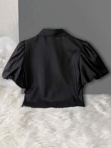 青少年女孩白色衬衫，时尚衬衫，亮片丝带饰边，荷叶边，泡泡袖，百搭优雅的夏装 - 黑色 - 查看 2