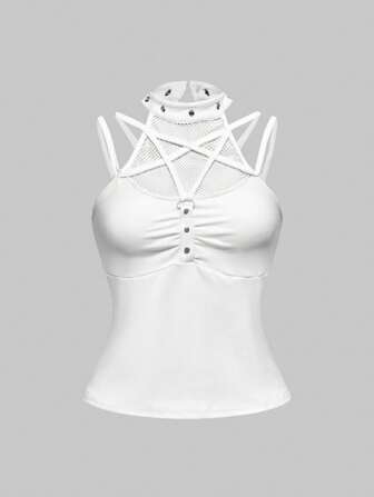 Goth Top de tirantes de verano para mujer con diseño de botones y volantes de unicolor