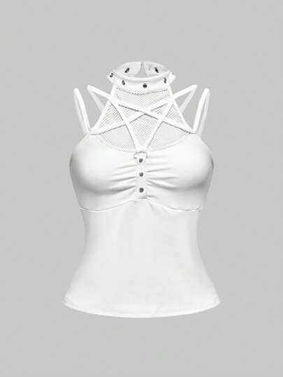Goth Top de tirantes de verano para mujer con diseño de botones y volantes de unicolor