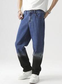 Manfinity EMRG 男士口袋撞色直筒宽松休闲百搭牛仔裤 - 深色水洗藍 - 查看 3