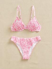 Swim Mod Women's Floral Print Beachwear Swimsuit Set For Summer Beach Vacation - Baby Pink - View 3