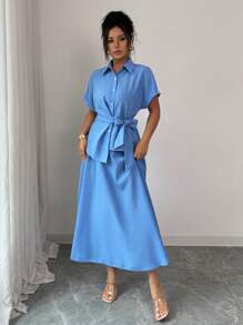 Rafferiza 时尚休闲百搭宽松短袖上衣，前系带和 A 字迷你裙两件套，适合年轻女士，蓝色，春夏 - 藍色 - 查看 5