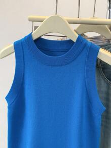 SHEIN 女式罗纹圆领无袖休闲针织背心 - 藍色 - 查看 4