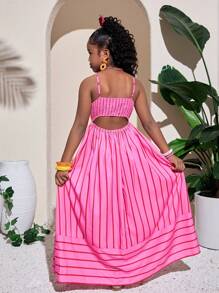 Tween Girls Fashion Vacation Pink Spaghetti Strap A-Line Long Dress - Pink - View 2