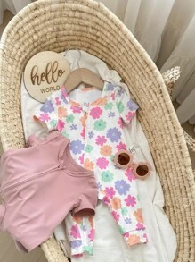 2pcs/Set Newborn Baby Girl Cute Casual Floral Knitted Jumpsuit With Short Sleeves Graphic - Multicolor - View 7
