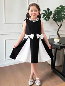 SHEIN Leap Crew Young Girl Class Blak & White Color Block Neck Pearls Decor Elegant Bowknot Decor Sleeveless Midi A-Line Dress, Cake Dress, Flower Girl, Cute & Elegant & Sweet & Vintage & Fashionable. Mom And Daughter & Sisters Matching, Family Vacation, Daily Wear, Home Family Gatherings And Special Occasions, Sibling Outfits, Gorgeous Princess, Party Wear, For Birthdays, Spring/Summer. - Black and White - View 7