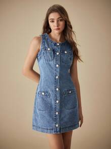 SHEIN EZwear Vestido de mezclilla casual y de moda con botones lavado