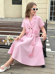 SHEIN Tween Girls 2 Pieces Set: Solid Color Floral Decor Slip Dress & Short Sleeve Jacket - Pink - View 6
