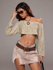 TRNVIE Women's Sage Green Autumn Grunge Punk Y2k Ripped Design Cropped Asymmetrical Shoulder Sweatshirt,Casual Daily Club Night Pullover Fall Graduation - Blue - View 1