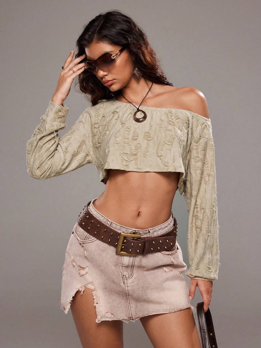 TRNVIE Women's Sage Green Autumn Grunge Punk Y2k Ripped Design Cropped Asymmetrical Shoulder Sweatshirt,Casual Daily Club Night Pullover Fall Graduation - Blue - View 1