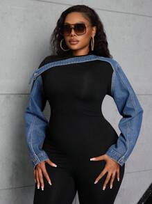 SHEIN SXY Áo khoác denim hở vai cho nữ cỡ lớn có tay áo - Rửa nhẹ - Xem 6
