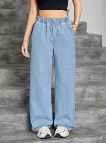 SHEIN Elladie kids 少女 Y2K 纯色水洗宽松直筒牛仔裤，重返校园街头风格 - 淺色水洗藍 - 查看 4