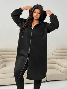 Solflare Black Plus Size Women Casual Fleece Drop Shoulder Zip-Up Drawstring Hooded Jacket,Fall,Winter,Back To School,Business Casual,Office Outfits,Work,Teacher,Warm,Fall Clothes For Women Autumn