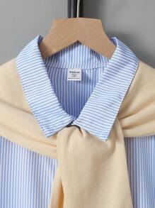 Set da 3 pezzi: Camicia a maniche corte a righe casual di moda per ragazzi adolescenti + Pantaloni lunghi a vita media ampi + Scialle in maglia, adatto per uso quotidiano e vacanze