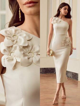 ZEYLAH Vestido de mujer de unicolor, elegante, con decoración floral 3D sin mangas y hasta la pantorrilla