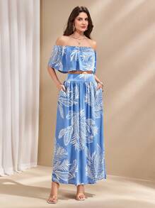 Chiquease 女士露肩花卉印花两件套，休闲假日 - 藍色 - 查看 3