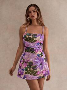 Vestido mini con tirantes de atar y espalda descubierta, bordado con lentejuelas, estilo campo francés - Morado - Ver 6