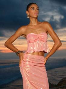 Opulessa Summer Beach Outfits Vacation Women's Beach Vacation Bandeau Top And Skirt 2 Pieces Set,Country Concert Outfit