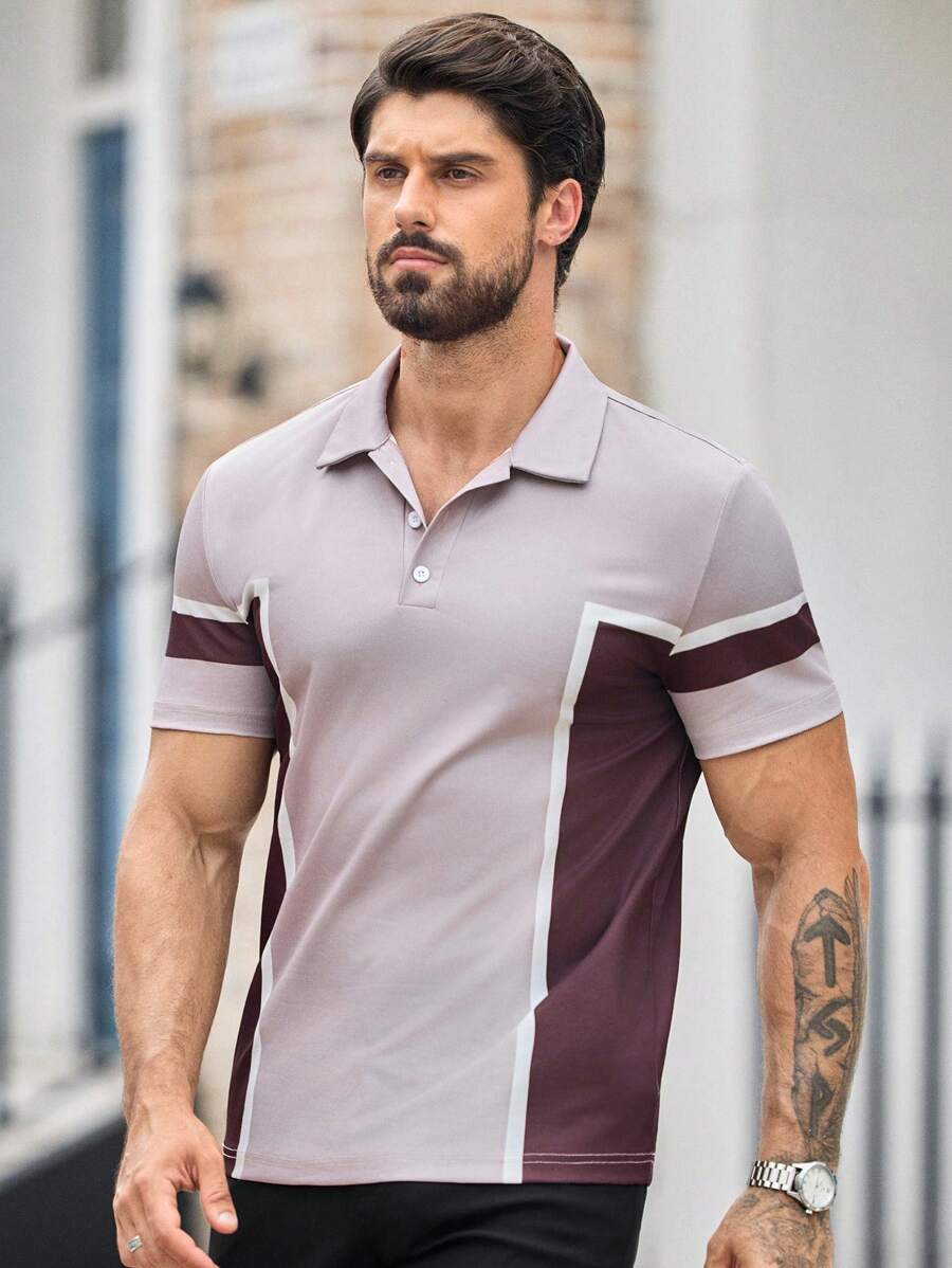 Manfinity NXTstreet Camisa polo de hombre casual con estampado de patchwork, ajuste regular, adecuada para uso diario - Multicolor - Ver 1