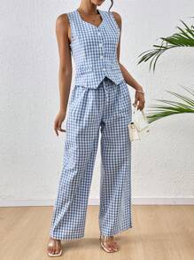 Chiquease Women's Casual Resort Style Square Neck Single Breasted Sleeveless Jacket And Wide Leg Pants Set - Blue and White - View 4