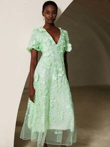 Aveloria Rosie Váy dài mùa hè cổ chữ V họa tiết hoa 3D lãng mạn kiểu Pháp cho nữ tay ngắn - màu xanh lá - Xem 1