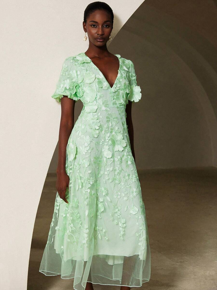 Aveloria Rosie Váy dài mùa hè cổ chữ V họa tiết hoa 3D lãng mạn kiểu Pháp cho nữ tay ngắn - màu xanh lá - Xem 1