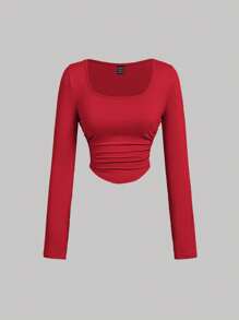 SHEIN MOD 3 件女式褶皱休闲方领长袖 T 恤套装，保暖服装，秋季女装，外出上衣，假日女装，新年，红色上衣 - 紅色 - 查看 5