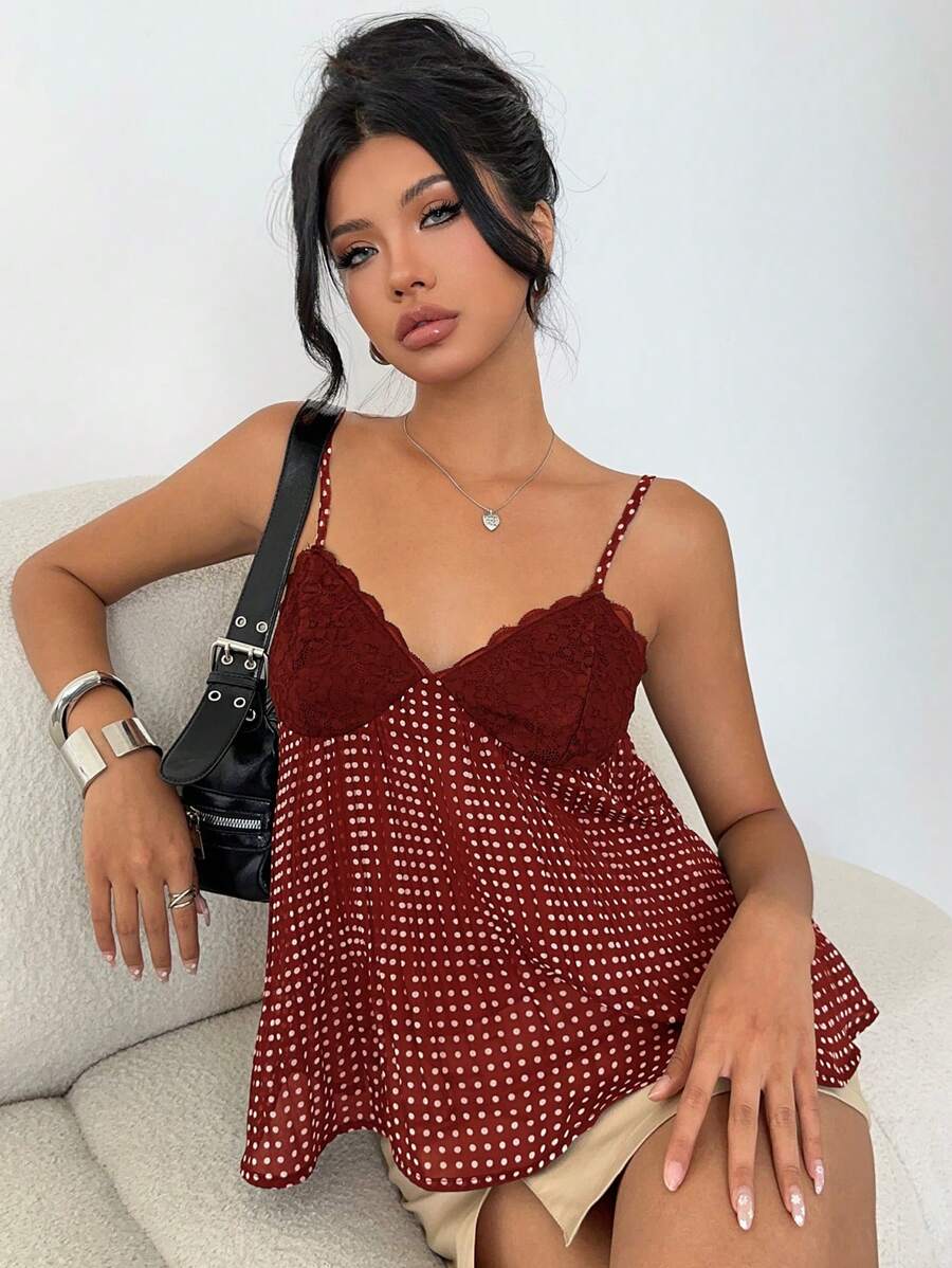 Top de tirantes de mujer con encaje, parches y estampado de lunares, ideal para el verano - Rojo - Ver 1