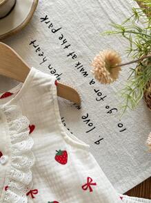 LMoss Kids LMoss 2pcs Baby Girl Woven Strawberry Bow Top And Shorts Outfit Set Baby Girl Strawberry Clothes Strawberry Baby Outfit Linen Sets For Toddler Girl 100 Cotton Two Pieces Set For Baby Girls 2pcs Set Toddler Girls Cute Vintage Style - Multicolor - View 4
