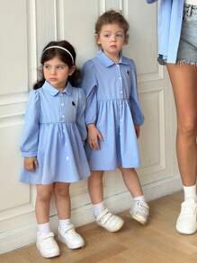 SHEIN Babygirl Cute Preppy Style Blue Long Sleeve Collar Dress, Mommy And Me Matching Outfits (2 Pieces Sold Separately) - Blue - View 7