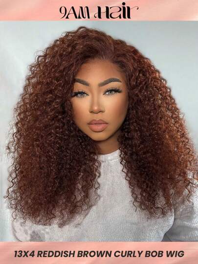 13X4 Lace Front Reddish Brown Color Curly Short Bob Wigs Human Hair Wigs Pre-Plucked Hairline Kinky Curly Lace Frontal Wig With Baby Hair For Women